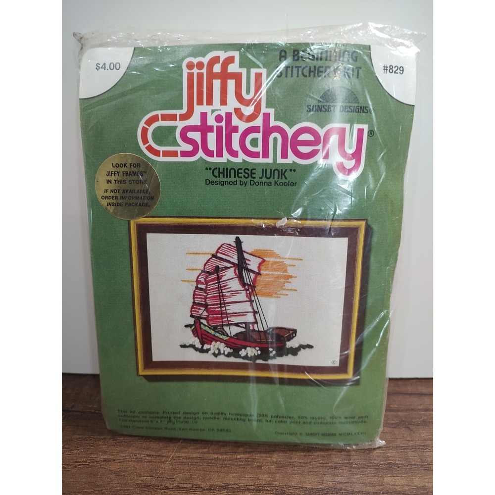JIFFY STITCHERY Embroidery Kit Chinese Junk Ship Sunset Designs #829 NOS 5x7 W5